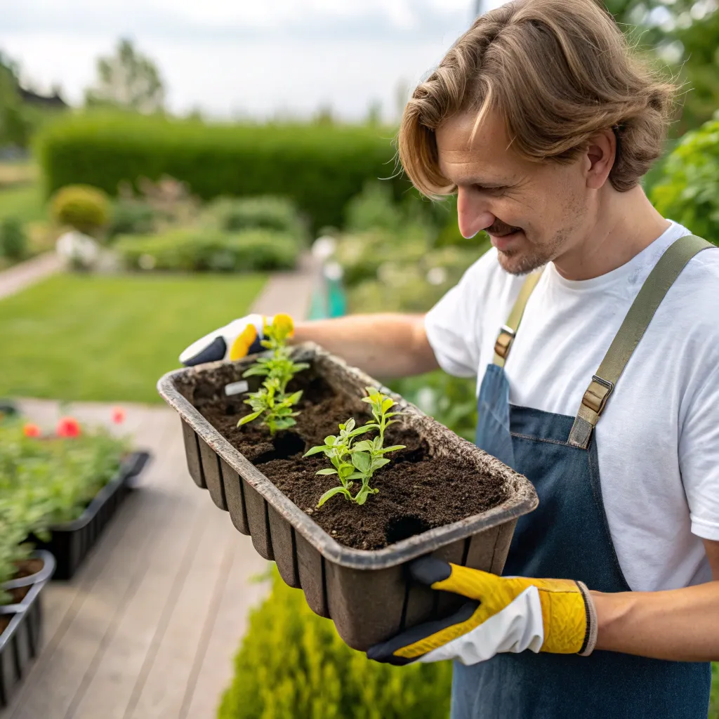 A home gardener holding a planter