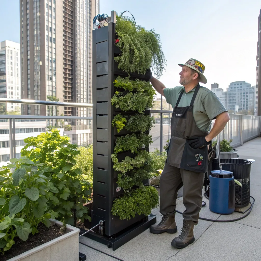 An urban grower standing next to his vertical garden